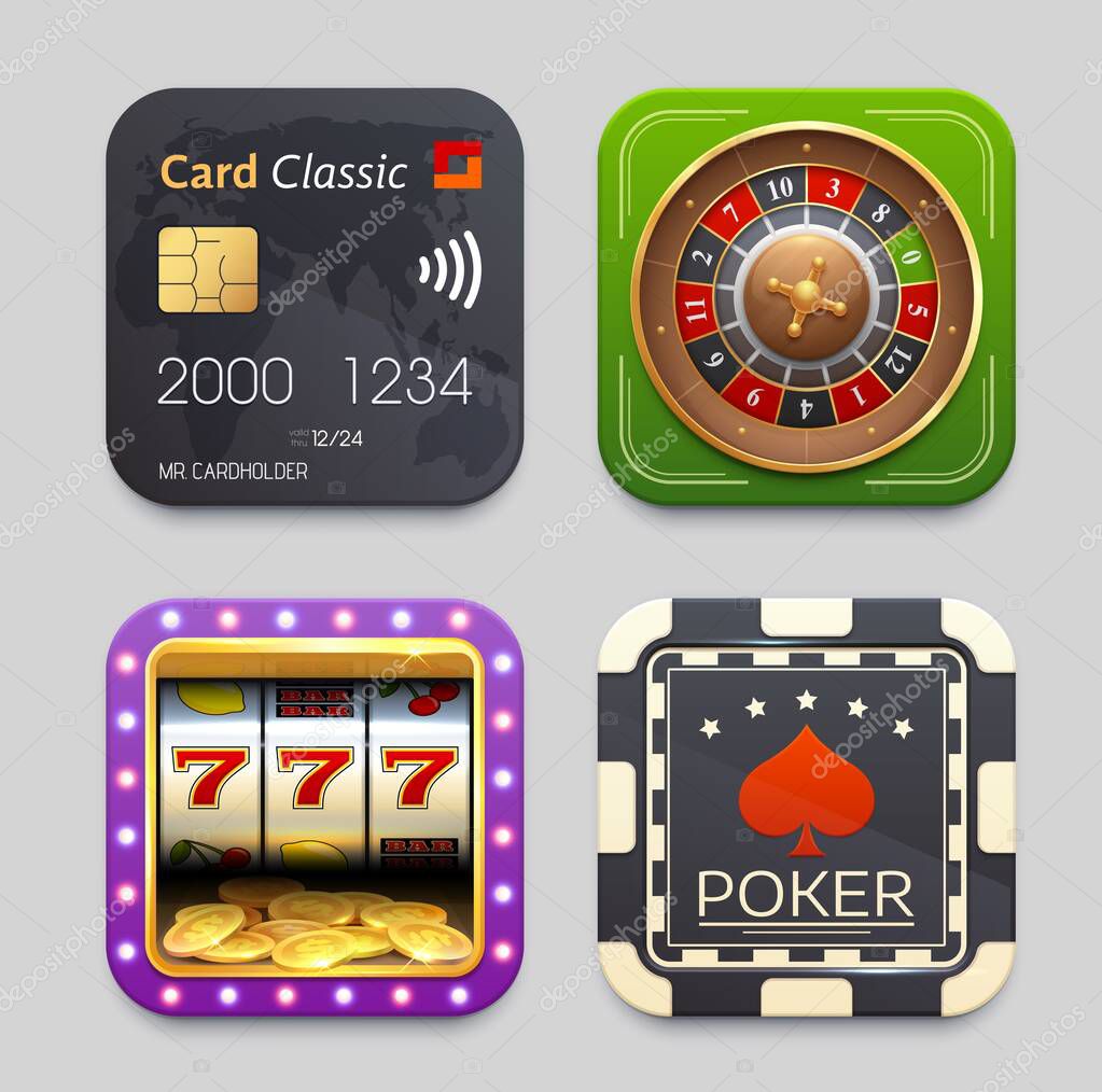 Online payment, poker chip, fortune wheel and slot machine icons, vector mobile app buttons. Online casino and banking or NFC pay or digital wallet application, slot machine and poker game roulette