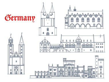 Germany architecture, Potsdam and Goslar landmarks, travel buildings icons. Marktkirche of Goslar, Kaiserpfalz Imperial Palace, Rathaus Town Hall and Babelsberg Schloss Palace in Potsdam. Vector