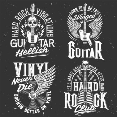 Rock music t-shirt prints with skull and guitar, vector rocker club and concert festival emblems. Hard rock music signs with vinyl disk on wings, grunge skeleton skull and rockers slogans and quotes
