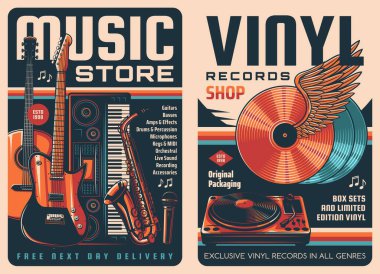 Vinyl records and music store retro posters. Vintage music records shop, musical instruments and equipment store vector banners with guitars, MIDI keyboard and saxophone, vinyl disks turn table