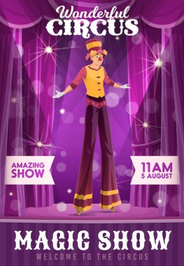 Shapito circus poster, cartoon stilt walker show, vector funfair carnival stage. Circus carnival and funfair performance of acrobats and equilibrists, magic show and kids entertainment