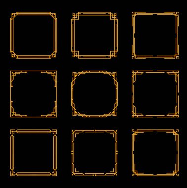 Art deco vintage frames and borders with gold line ornaments on black background. Elegant geometric vector frames with decorative corners and border lines, ornate invitation or greeting card