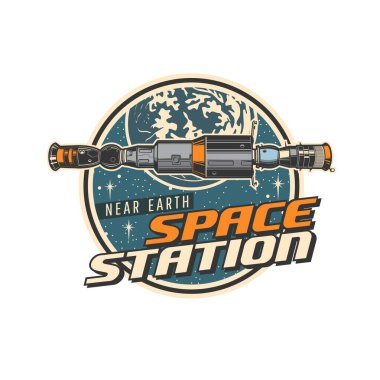 Orbital space station retro icon. Vector Earth orbit spacecraft, galaxy universe planet, stars and meteors. Isolated round symbol of space exploration, astronomy science and cosmic technologies