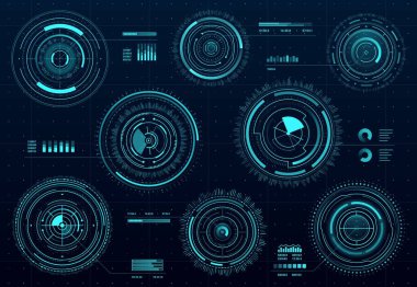 Circle futuristic HUD digital interface data screen dashboard. Vector sci-fi crosshair aims control, target round frames. Military optical aiming, neon glowing gui elements, radars sights or sonars