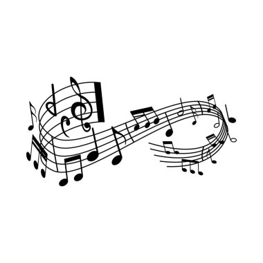 Music sounds wave, vector musical notes, treble or bass clef, flat signs on curvy stave. Melody monochrome swirl, jazz club performance, classical opera concert and orchestra symphony