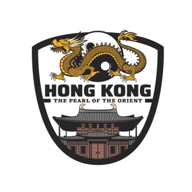 Monastery and dragon. Vector icon of Hong Kong travel. Ancient nunnery building of chinese temple with golden dragon and yin yang symbol. Isolated shield symbol of Hong Kong