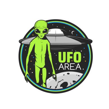 Ufo area icon with green alien and flying saucer over Earth planet. Space research vector emblem with extraterrestrial comer with huge eyes and interstellar shuttle retro label. Alien cosmic creature