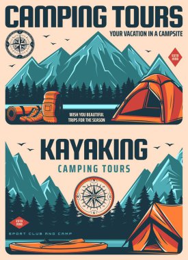 Travel and kayaking sport retro posters. Camping and hiking tours, campsite banners with mountain range peaks, pine forest and river. Camping equipment shop poster with kayak, tent and backpack