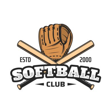 Softball club icon with two crossed wooden bats and softball, baseball catcher leather glove. Softball league or team, sport championship or tournament vector emblem, retro label or badge