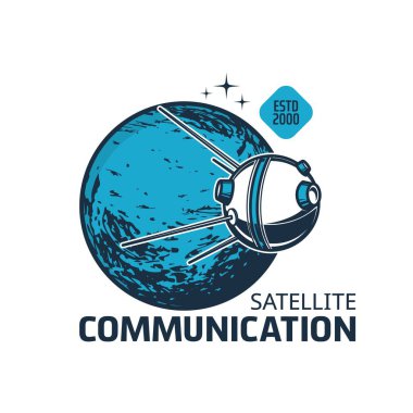 Telecommunication satellite icon. Vector galaxy universe Earth planet, stars and orbital artificial satellite with antennas. Space communication, radio and internet technologies isolated icon