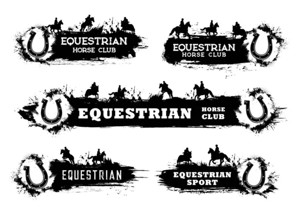 马球和骑马运动的马蹄横幅 骑师或马背上骑手 马蹄及马具黑色轮廓及半色调图案及喷漆 — 图库矢量图片