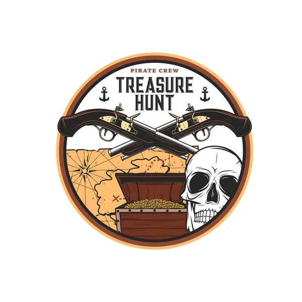 Pirate Treasure Hunting Icon Vector Emblem Chest Full Golden Coins —  Vetores de Stock