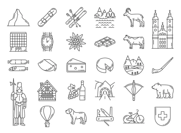 Switzerland Travel Landmarks Swiss National Symbols Vector Icons Switzerland Tourism — Wektor stockowy