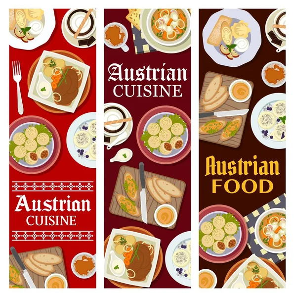 Austrian Cuisine Food Banners Vector Dishes Meat Desserts Coffee Drinks — Stock Vector