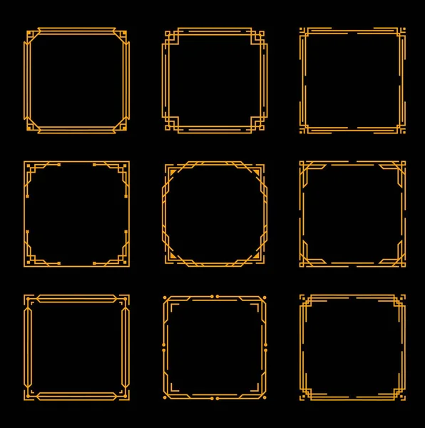 Art Deco Vintage Frames Borders Gold Line Ornaments Black Background — стоковый вектор