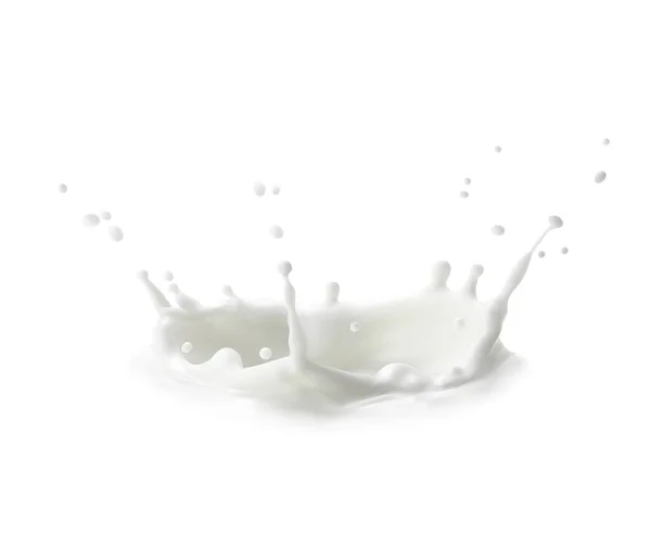 Salpicadura Corona Leche Salpicaduras Gotas Leche Blanca Vector Realista Flujo — Vector de stock