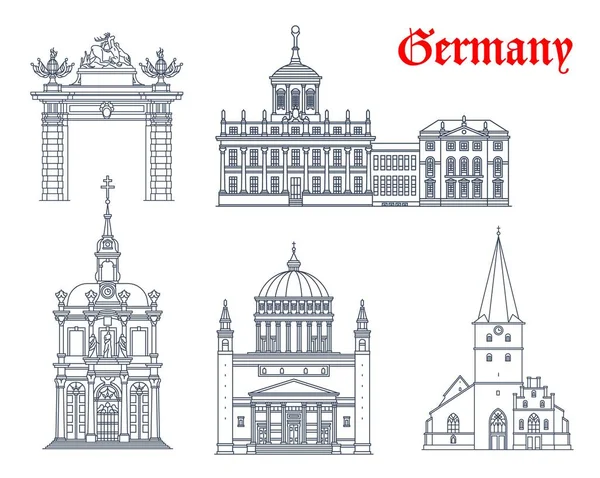 ドイツの建築物 ポツダムとボンはランドマークベクトルの建物を旅行します ボンのドイツ聖レミギウス教会 ニコライ教会 聖ニコライ大聖堂 ポツダム アルテス ラタウス教会 クロイツベルグキルヒ教会 — ストックベクタ