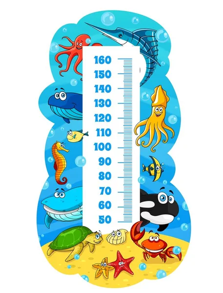 Kids Height Chart Cartoon Sea Animals Growth Measure Meter Ruler — 스톡 벡터