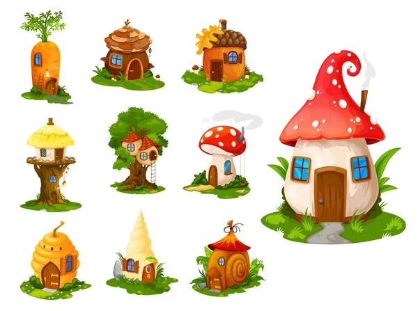 Cartoon Fairytale Houses Dwelling Gnome Vector Fantasy Isolated Buildings Plants — Vetor de Stock