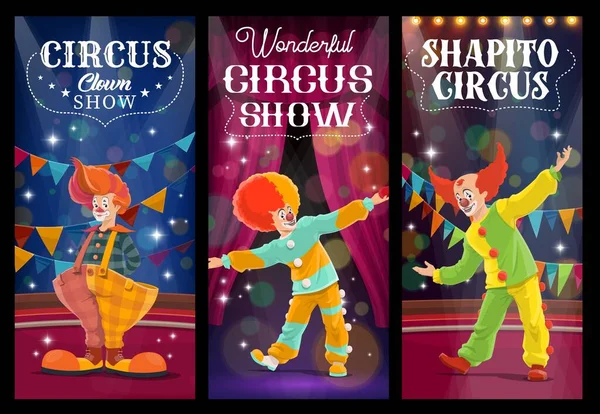 Shapito Circus Clowns Harlequin Characters Cartoon Vector Jesters Artists Performers —  Vetores de Stock