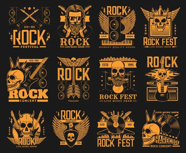 Rock Festival Hardcore Music Live Show Icons Vector Skull Horns — Stock Vector