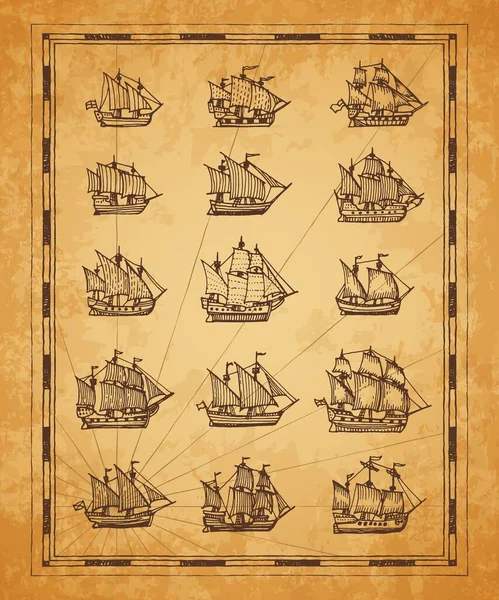Vintage Map Sail Ships Sailboat Brigantine Sketch Vector Engraved Sea — 图库矢量图片