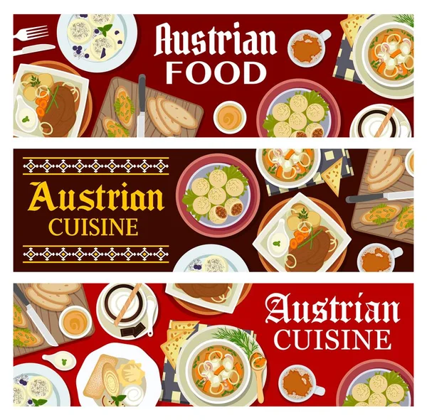 Αυστριακή Κουζίνα Vector Banners Κρεατικά Και Επιδόρπια Πιάτα Καφέ Ποτό — Διανυσματικό Αρχείο