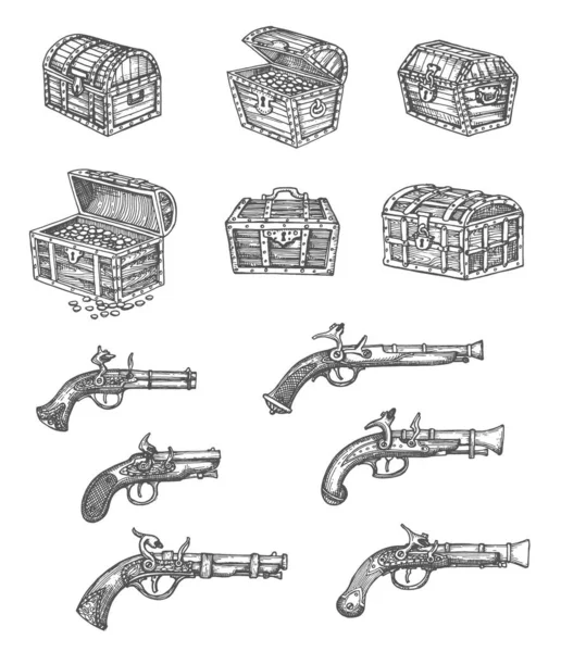 Vintage Isolated Pirate Chest Musket Gun Vector Sketches Hand Drawn — Stock Vector