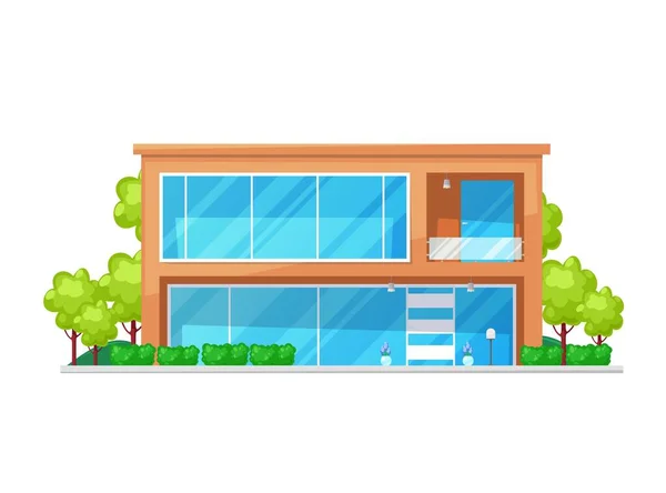 Luxurious Home Building Exterior Blue Glass Doors Windows Vector Architecture — Vettoriale Stock