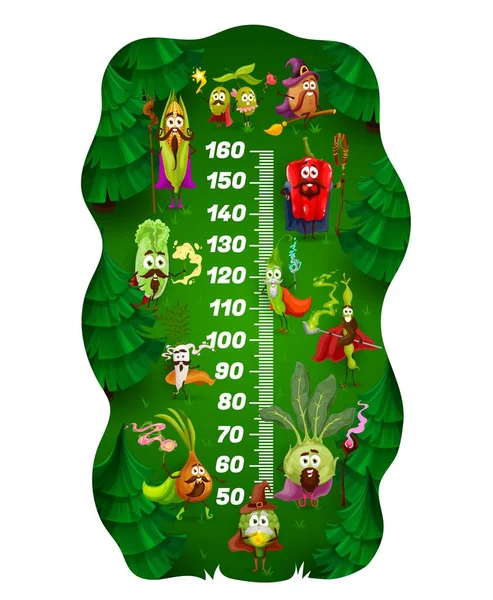 Kids Height Chart Cartoon Wizard Vegetables Growth Meter Vector Measure — Archivo Imágenes Vectoriales