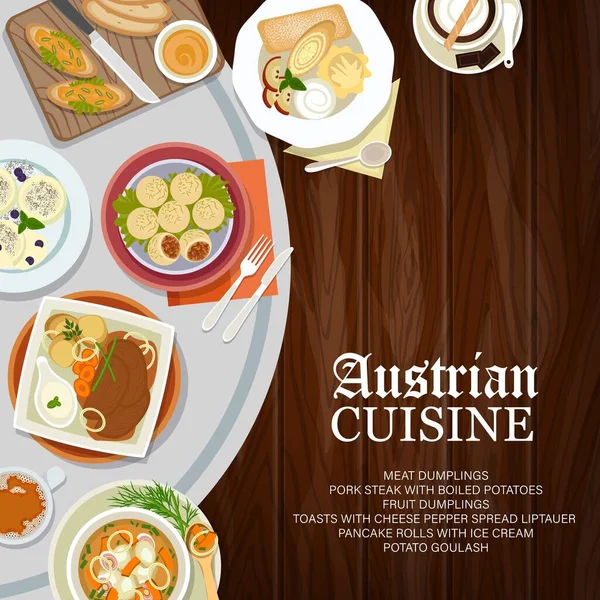 Austrian Cuisine Menu Cover Vector Meat Food Coffee Drinks Dessert — Stock Vector