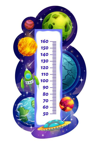 Kids height chart growth measure meter, galaxy planets and shuttles. Cartoon vector wall sticker with cosmos and ufo saucers in space. Children height measurement scale ruler with spaceship and UFO