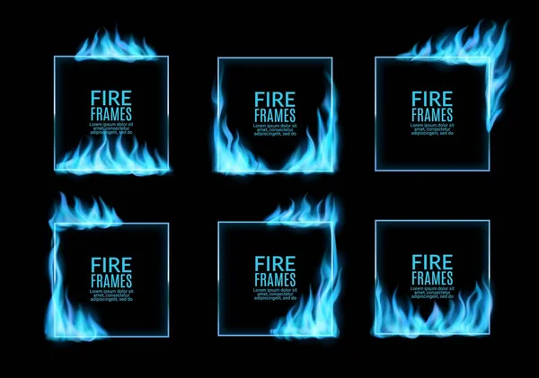 Square Frames Blue Gas Fire Flames Realistic Vector Border Lines — Vetor de Stock