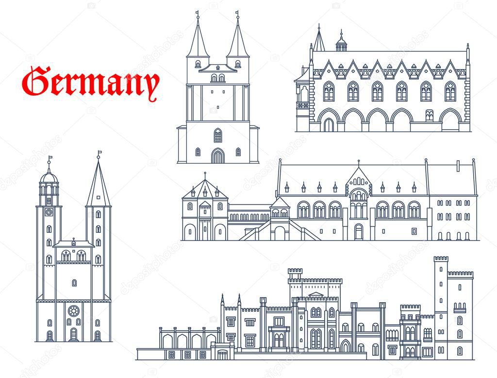 Germany architecture, Potsdam and Goslar landmarks, travel buildings icons. Marktkirche of Goslar, Kaiserpfalz Imperial Palace, Rathaus Town Hall and Babelsberg Schloss Palace in Potsdam. Vector