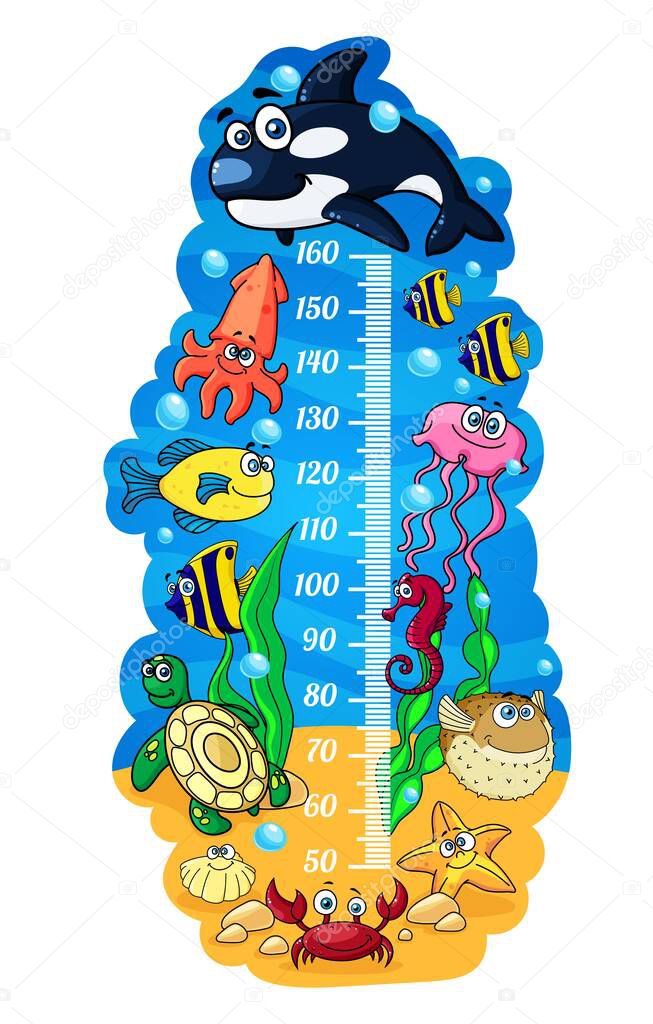 Underwater animals. Kids height chart, growth meter. Cartoon vector measurement scale with cute whale, fishes and squid, jelly fish, crab or shell with turtle and sea horse. Wall sticker for children