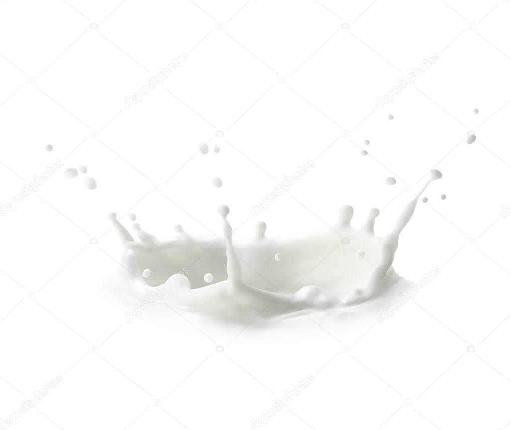 Milk crown splash, splatters and white milky drops, realistic vector. Milk splash flow or cream drink pouring wave with spatter and splatter of drips, liquid yogurt whirl for dairy products background
