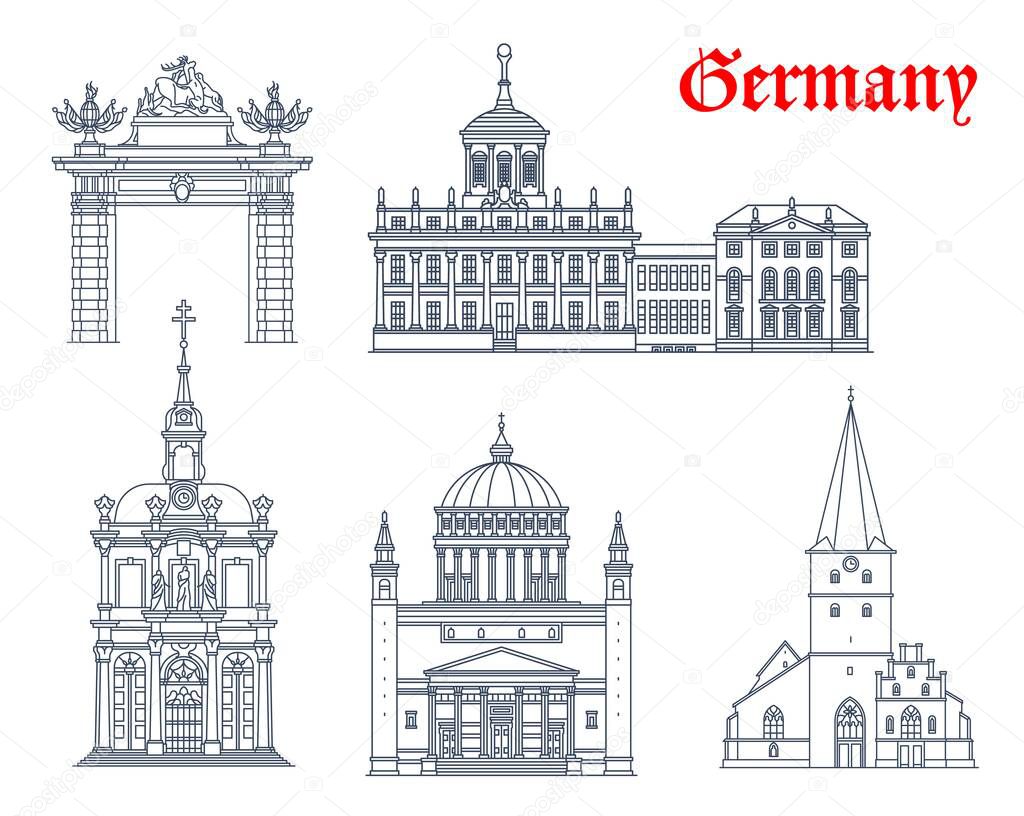 Germany architecture, Potsdam and Bonn travel landmark vector buildings. Germany St Remigius church in Bonn, Nikolaikirche or Saint Nikolai cathedral, Potsdam Altes Rathaus and Kreuzbergkirche