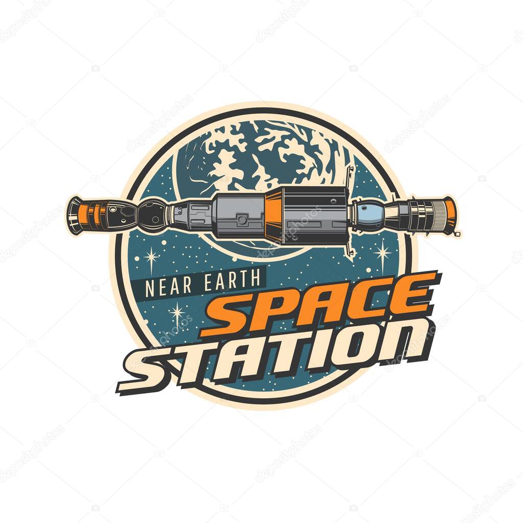 Orbital space station retro icon. Vector Earth orbit spacecraft, galaxy universe planet, stars and meteors. Isolated round symbol of space exploration, astronomy science and cosmic technologies