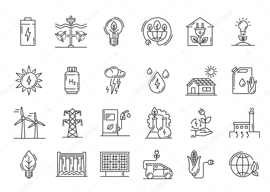 Clean and green energy, environment technology icons. Renewable energy source, bio fuel and electrical transport outline vector icons, thin line symbols, hydrogen, sun and wind power station pictogram