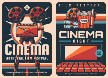 Movie film festival retro posters with vector cinema or movie theater, vintage video projector, film reels and popcorn bucket, 3d glasses and cinematography award. Entertainment event banners