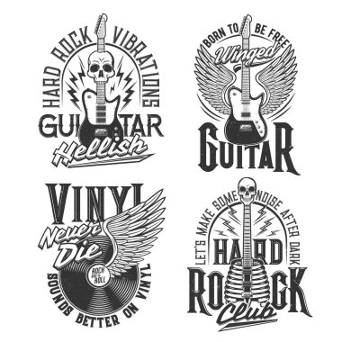 Tshirt prints with electric guitars, skulls and winged vinyl disk. Vector emblem for music band apparel design. T shirt monochrome print with typography, black grunge label with amp, angel wings set