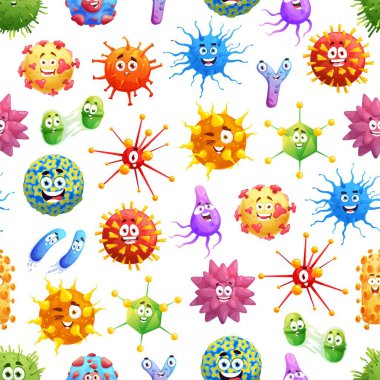 Cartoon viruses, microbes and bacteria seamless pattern, vector background. Funny virus characters, flu infection and disease bacterial cells or viral pathogens with cute faces in pattern