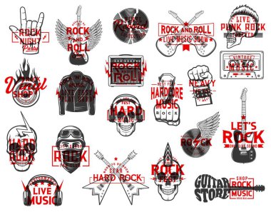 Rock music icons, Rock and roll, punk band show symbols. Vector human skull with mohawk hairstyle and headphones, jacket, electric guitar and vinyl disc, horns gesture, fist with bracelet and biker