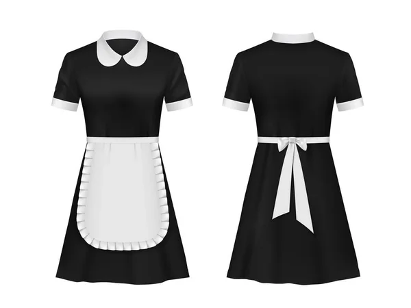 メイドとウェイトレスの制服 ホテルや家の労働者の服 白の襟 袖口と半分のエプロンとリアルベクトル黒のドレスラッフル フロントと隔離された3D制服のリアビュー — ストックベクタ