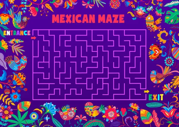 Labyrinth Maze Game Cartoon Mexican Flowers Birds Vector Game Worksheet —  Vetores de Stock