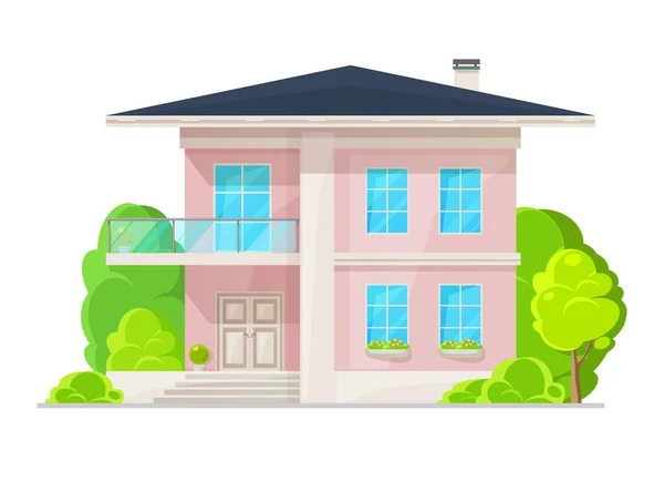 Suburban Two Story House Balcony Building Exterior Vector Pink Stone — Stockvektor