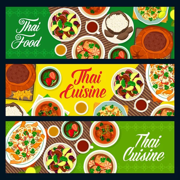 Thai food cuisine dishes for lunch, Thailand authentic menu, vector banner. Thai cuisine spicy salads and Asian restaurant dinner with lemongrass tea, Tom Yum soup and Pad Thai noodles with curry