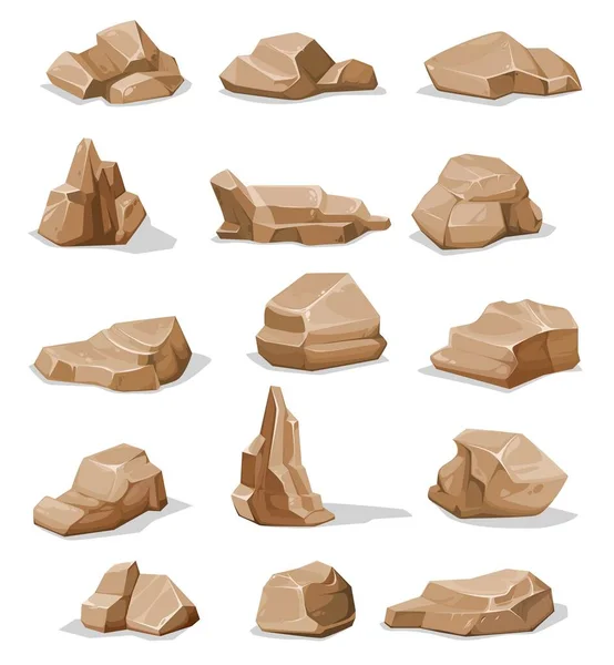 Brown Rock Stones Boulders Cartoon Gravel Cobble Rubble Isolated Rough — Stock vektor