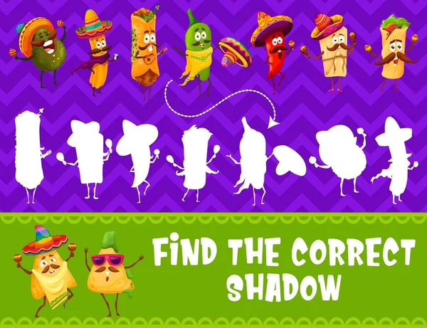 Find Correct Shadow Mexican Food Characters Vector Kids Matching Game — Stockový vektor