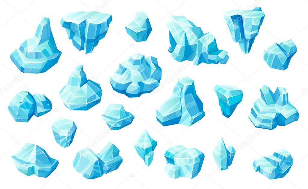 Ice cubes and crystals, blue frozen blocks game asset. Cartoon icicles, iceberg, magic stones, vector iced floes, salt mineral or cave stalagmites. Cap snowdrifts, winter ice or glass set